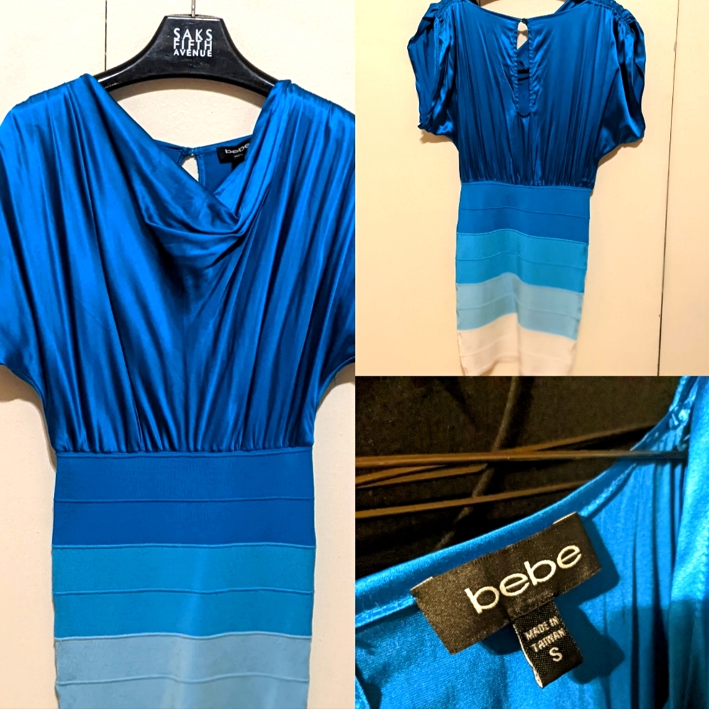Bebe mini dress, XS, blue satin